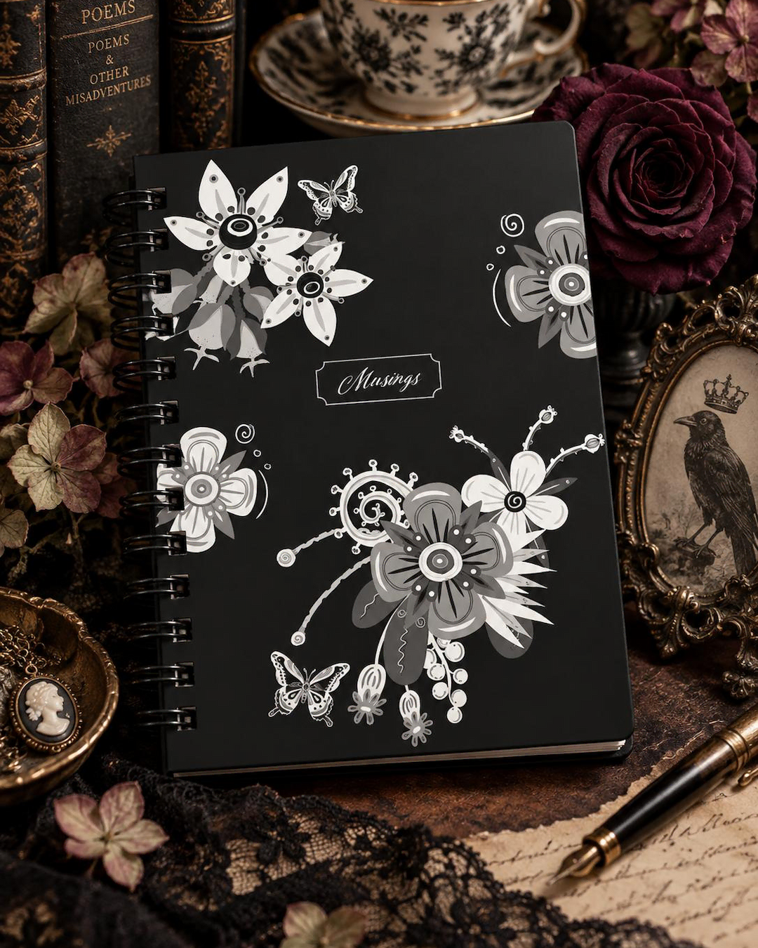 Black and White Floral Notebook - Nicola Milan Nicola Milan in a blue gown singing