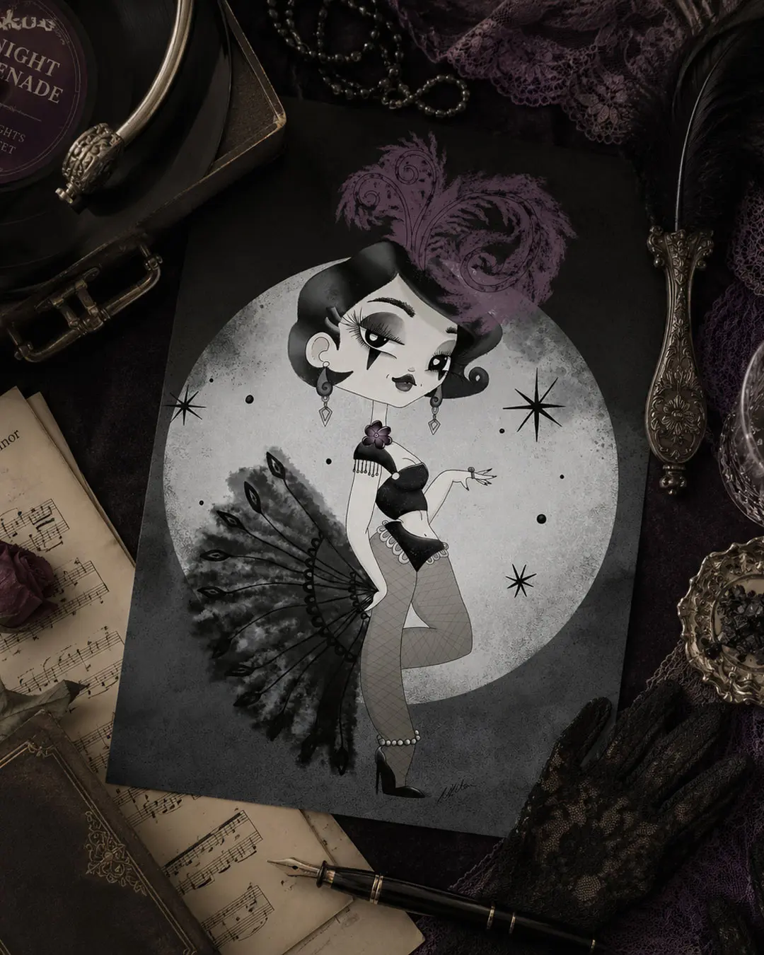 Burlesque Bunny Nicola Milan Cartoon dark burlesque dancer with feathers by Nicola Milan